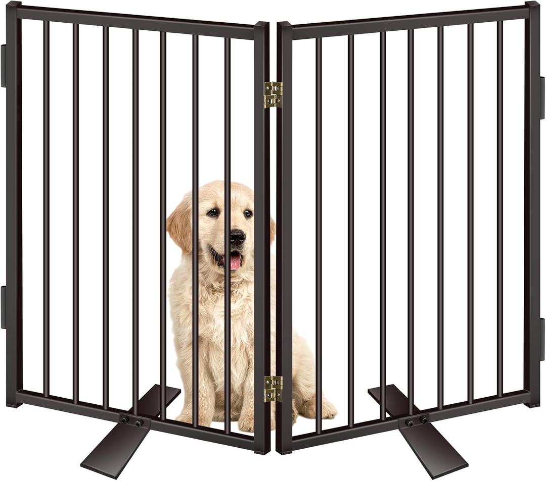 Metal Freestanding Dog Gates with Door for Outdoor Indoor,40'' Extra Wide 24'' Tall Free Standing Dog Gate for Doorways,Large Openings,Deck,Yard,Porch,Foldable Safety Pet Fence(Black,2 Panels) (2 Panels 24''H*40''W)