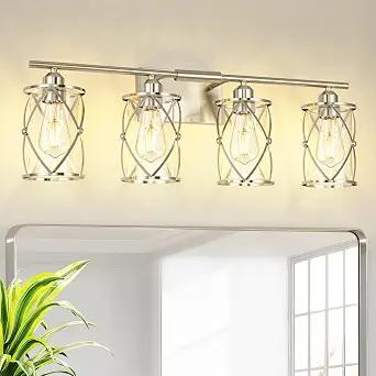 Osimir 4-Light Brushed Nickel Bathroom Light Fixtures, 29 Inch Modern Bathroom Vanity Lighting Fixtures Over Mirror with Clear Glass and Metal Cage Wall Sconce Lights for Bath, E26, CH9176BN-4W