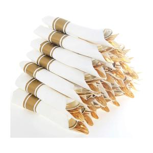Supernal Pre Rolled Napkin with Gold Plastic Silverware Set of 30pack, Disposable Gold Silverware with Linen Napkin, Heavy Weight, Wrapped Plastic Silverware Suit for Wedding, Catering Event, Party