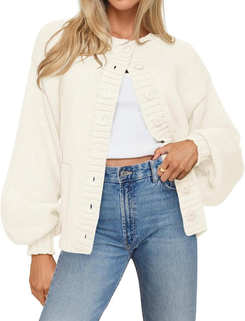 MEROKEETY Women's Fall Long Lantern Sleeve Cardigan Sweaters Casual Button Down Crewneck Open Front Coat (White, M)