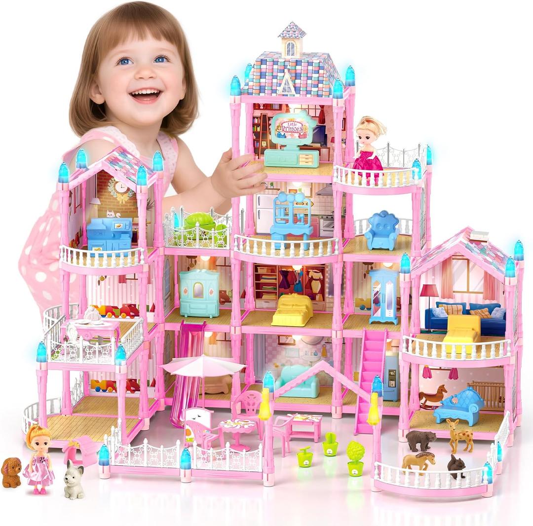 Doll House for Girls, Dream Dollhouse 4-Story 15 Rooms with 2 Dolls, Lights, Animals, Furniture and Accessories, Pretend-Play Toddler Playhouse Gift for 3 4 5 6 7 8 9 10+ Year Old Girls Toys