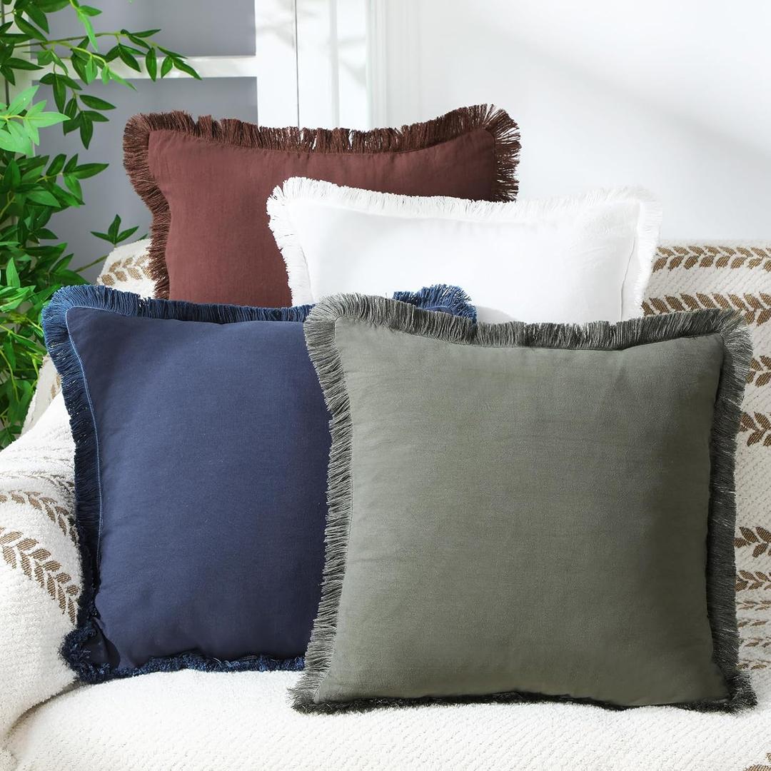 4 Pcs Linen Pillow Covers 18'' x 18'' Cotton Linen Decorative Throw Pillow Cases with Fringed Edges, Soft Washed Cushion Shams Zipper Closure Rustic Home(Minimalist Colors)