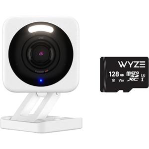 Bundle of WYZE Cam v4 with Wyze Expandable MicroSDXC Card Class 10,Storage 128GB, 2.5K QHD WiFi Indoor/Outdoor Smart Home Security Camera, Color Night Vision,
