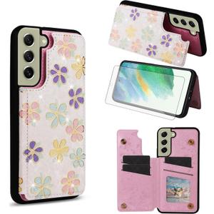 Asuwish Phone Case for Samsung Galaxy S21 FE 5G Wallet Cell Cover with Tempered Glass Screen Protector Luxury Flower Card Holder Slot Stand S 21 EF S21FE5G UW S21FE 21S G5 6.4 inch Blossoming Flowers