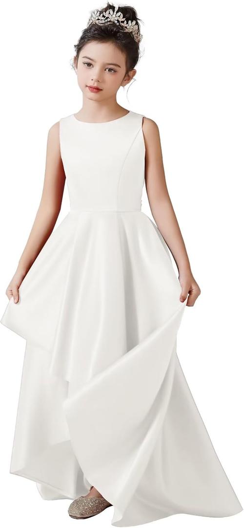 dideyttawl Satin Hi-Lo Formal Dress for Girls 4-16 Sleeveless A Line Quinceanera Dresses Flower Girl Dresses for Wedding (10, Ivory)