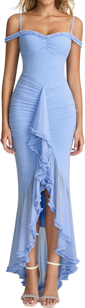 KUTUMAI Women Ruffle Bodycon Maxi Dress Ruched Long Formal Cocktail Wedding Guest Dresses (Blue, XL)
