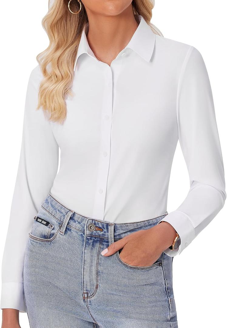 siliteelon Button Down Shirts for Women Slim fit Long Sleeve Stretch Dress Shirts Work Shirt Wrinkle Free Office Blouses White Small
