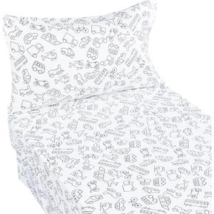 J-pinno Cars Ships Plane Motorcycle Truck 100% Cotton 3 Pieces Crib Toddler Boys Girls Sheet, Flat Sheet Fitted Sheet and Pillowcase, Cozy Breathable Unisex Crib Toddler Bedding Set (Transport) 45" X 60", fitted sheet: 28" X 52" + 8