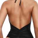 Sexybody Women' s One Piece Sexy Swimsuits Halter Tie Back V Neck Low Back Bathing Suit Ruched Butt High Cut Swimsuit Thong (Black, L)