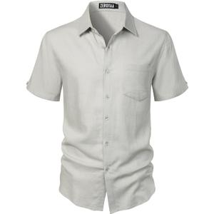 ZEROYAA Men's Linen Shirts Short Sleeve Summer Casual Button Down Beach Shirt with Pocket (Gray, L)