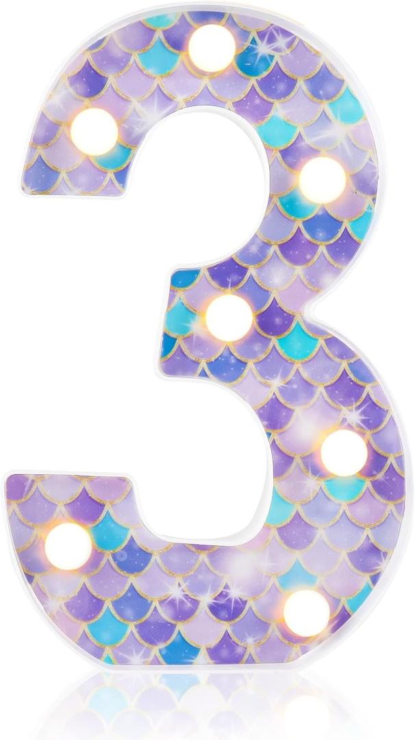 Mermaid Light-Up Number 3, LED Marquee Number for Birthday Party Decor, Mermaid Theme Glowing Number for Kids' Under the Sea Party, Baby Shower, Cumpleaños, Fiestas Decorations