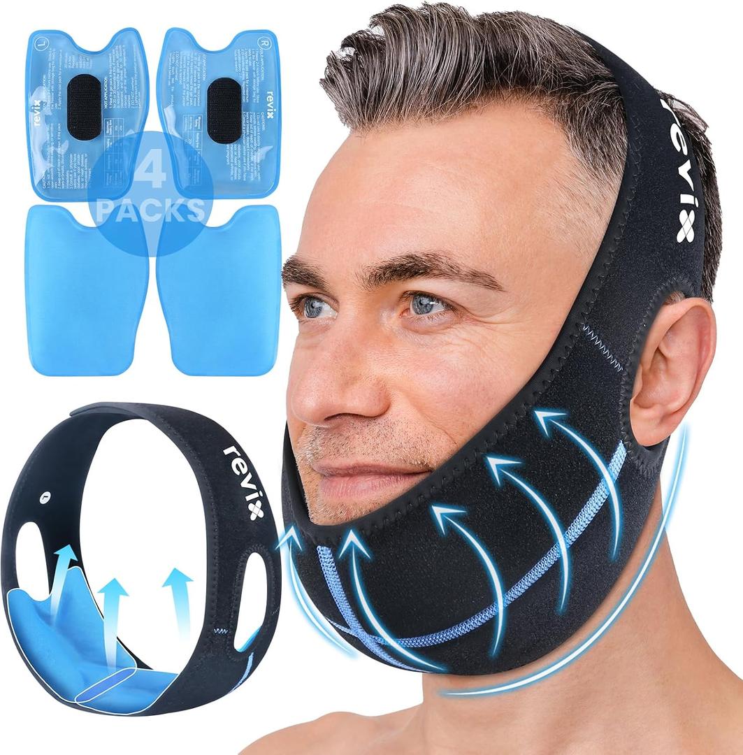 REVIX Wisdom Teeth Ice Pack Head Wrap with 3D Sewing Jaw Ice Pack for Face Oral Surgery Pain Relief for TMJ, Tooth Extraction & Teeth Removed, Extra Snug Fit with 4 Hot Cold Gel Packs Reusable, Black