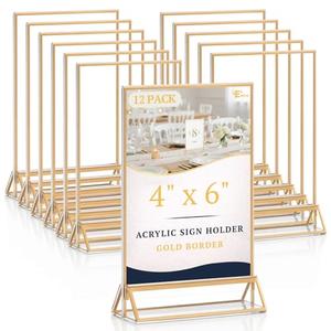 EHWINE 12 Pack Acrylic Sign Holder 4 x 6, Double Sided Gold Picture Frame Stand up Table Top Sign Holders, Clear Display Stand Menu Flyer Holder for Wedding Party