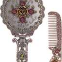 Nerien Vintage Mirror Comb Set Metal Antique Rose Style Handheld Makeup Mirror Travel Round Folding Cosmetic Mirror Women's Vanity Handle Foldable Mirrors Decorative Tabletop Mirrors Copper