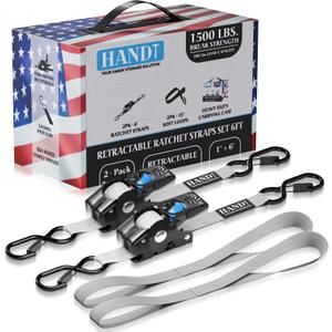 HandT USA Based Retractable Ratchet Straps (2PK) 1in x 6ft - 1,500lb Break Strength, Heavy Duty Automatic Ratchet Straps Self Retractable Tie Down, Push Button Retracting Truck Trailer Cargo | Gray