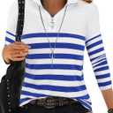 LilyCoco Womens Striped Long Sleeve Shirt Color Block Zipper Polo T Shirts Blue X-Large (XL)