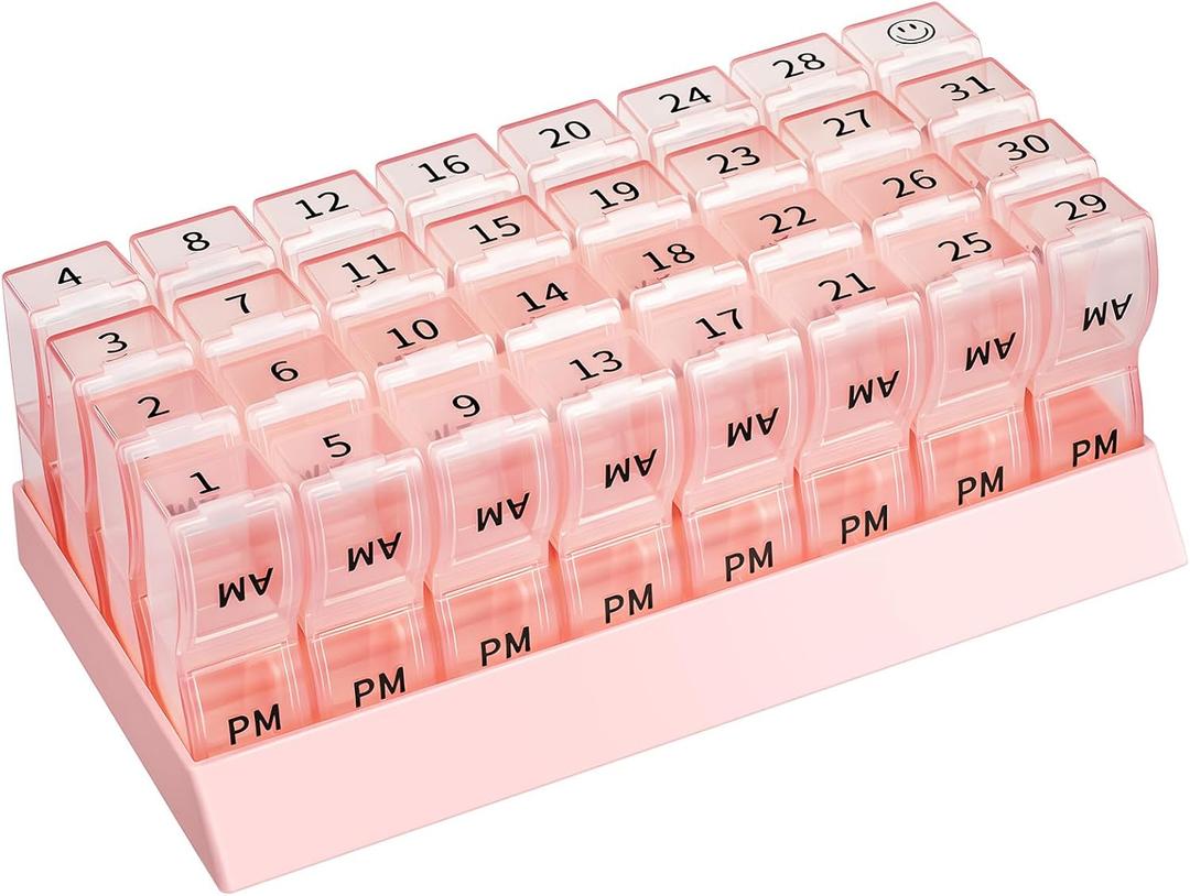 Monthly Pill Organizer 2 Times a Day, one Month Pill Box AM PM, 30 Day Pill Case Small Compartments to Hold Vitamin and Travel Medicine Organizer, 31 Day Pill Organizer, 4 Week Pill CasesPink