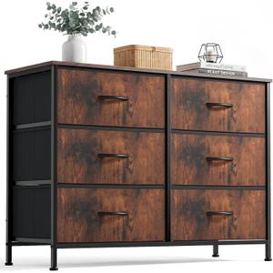 DUMOS 6 Drawer Dresser for Bedroom, Wide Storage Chest of Drawers Cabinet
Fabric Storage Organizer with Wooden Top, Wide Dresser Cabinet for Closet, Bedroom, Rustic Brown