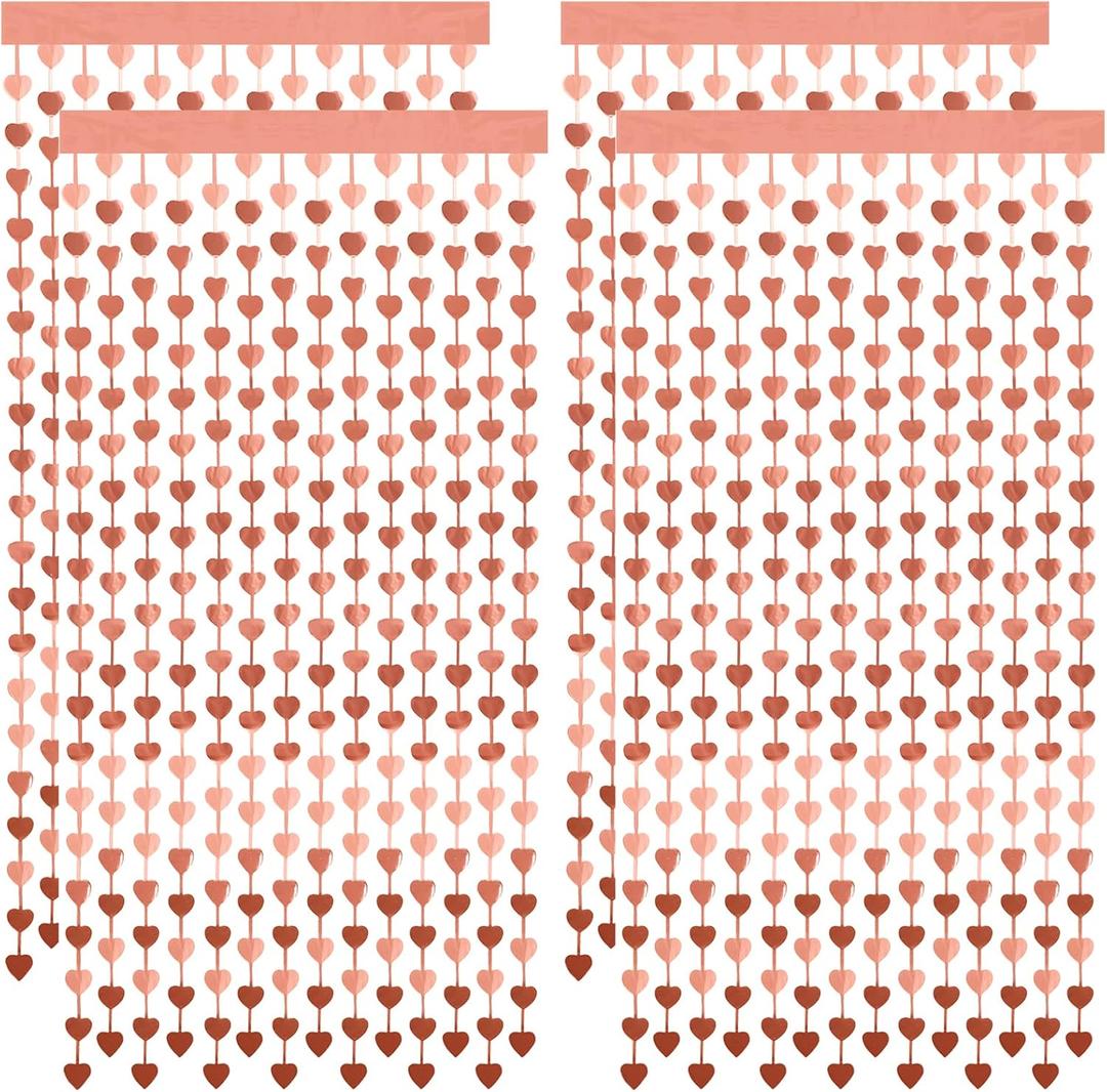 Lounsweer 4 Pcs Valentine Heart Foil Curtain Rose Gold Heart Chain Foil Fringe Metallic Tinsel Backdrop Hanging Bachelorette Decorations Tinsel Streamer for Wedding Birthday Bridal Shower