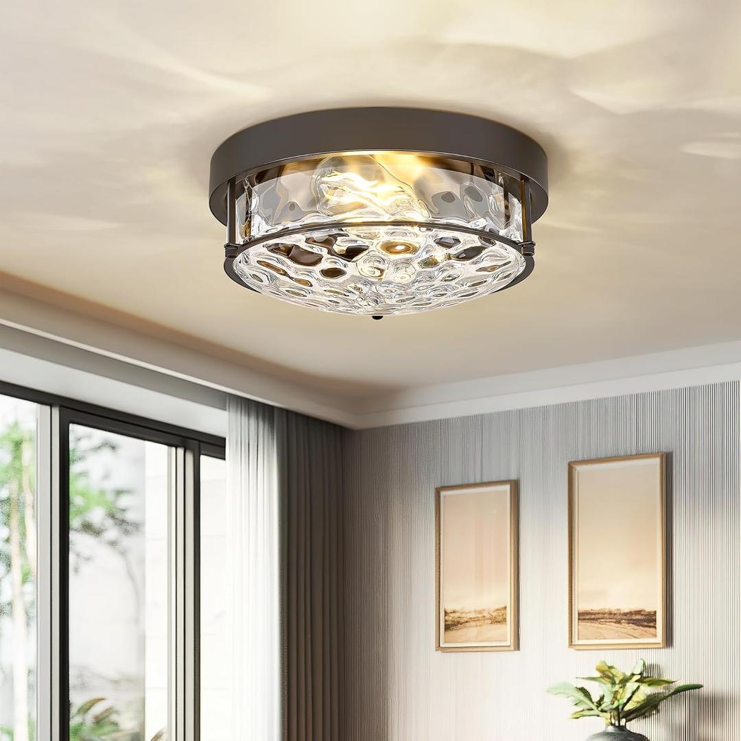 12-Inch Flush Mount Ceiling Light, Modern Farmhouse Style with Hammered Glass Shade, Oil Rubbed Bronze Finish, Ideal for Living Room, Bedroom, or Dining Room  Model CKCL4822-2W-HGORB