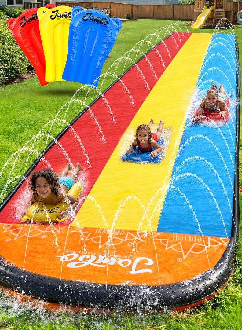 JAMBO Premium Triple Water Slide with 3 Bodyboards, 20Ft Heavy Duty Slip Splash and Slides-Advanced 3-Way Sprinkler System, Splash Pad Mat Backyard Summer Outdoor Water Toys n Long Slides for Kids