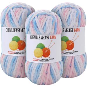 3 * 100g Velvet Chenille Chunky Yarn for Crocheting, Handcrafts Weaving Soft Chenille Yarn for Crocheting Clearance, Used for Making Baby Yarns Blanket, Clothes, Knitting Creations (Colorful - B)
