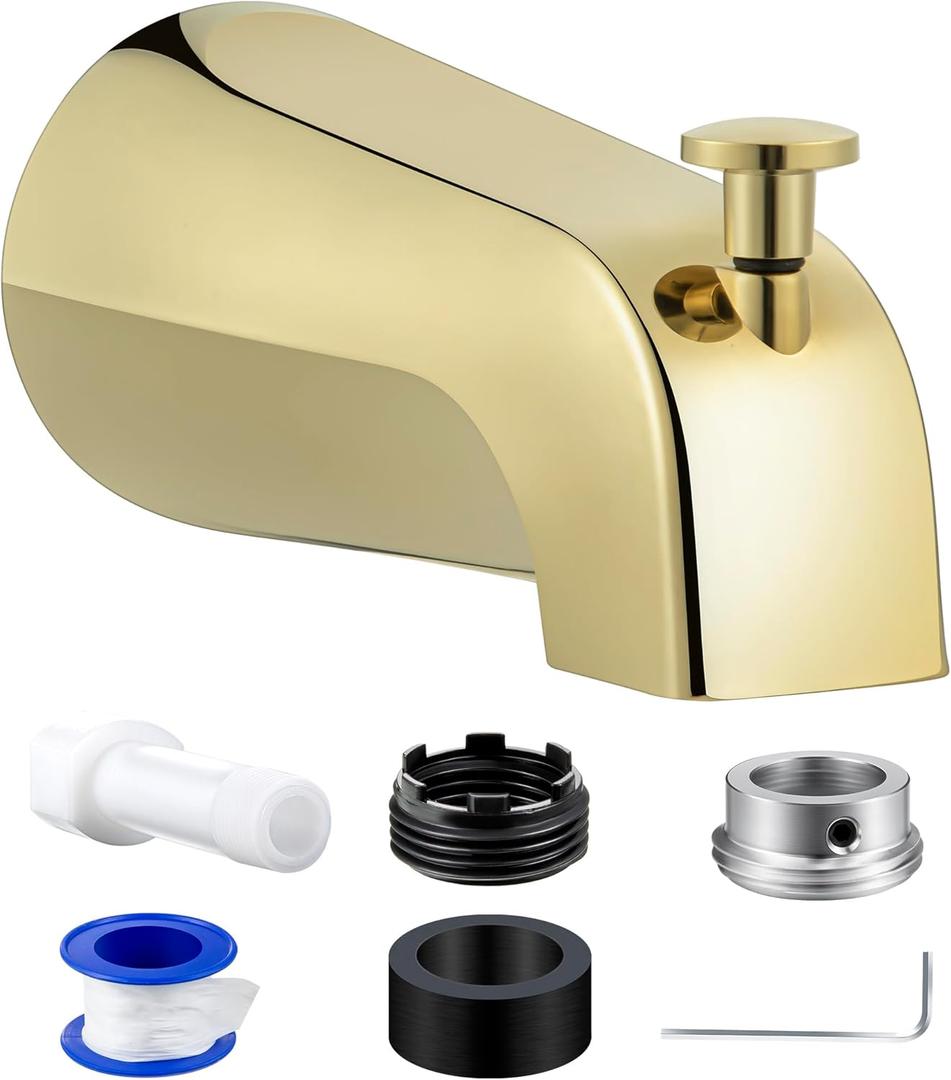 Dreyoo Tub Spout (Universal Fits 1/2" Copper Pipe, 1/2" IPS and 3/4" IPS), Bathroom Bathtub Faucet with Adapters and Hex Wrench (Polished Brass, Simple)