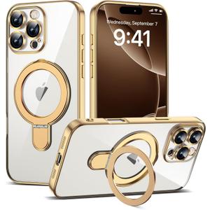 Compatible with iPhone 16 Pro Max Case with Invisible Magnetic Ring Stand [Compatible with Mag-Safe] [Full Camera Lens Protector] Plating Clear Phone Case for iPhone 16 Pro Max 6.9", Gold