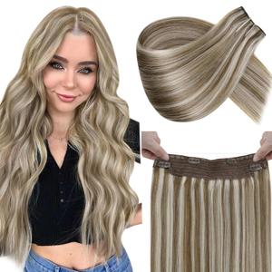 LaaVoo Hair Extensions Wire Human Hair Light Brown Highlighted Blonde Wire Hair Extensions Real Human Hair Invisible Fish Line Hair Extensions Human Hair 16 Inch 80g