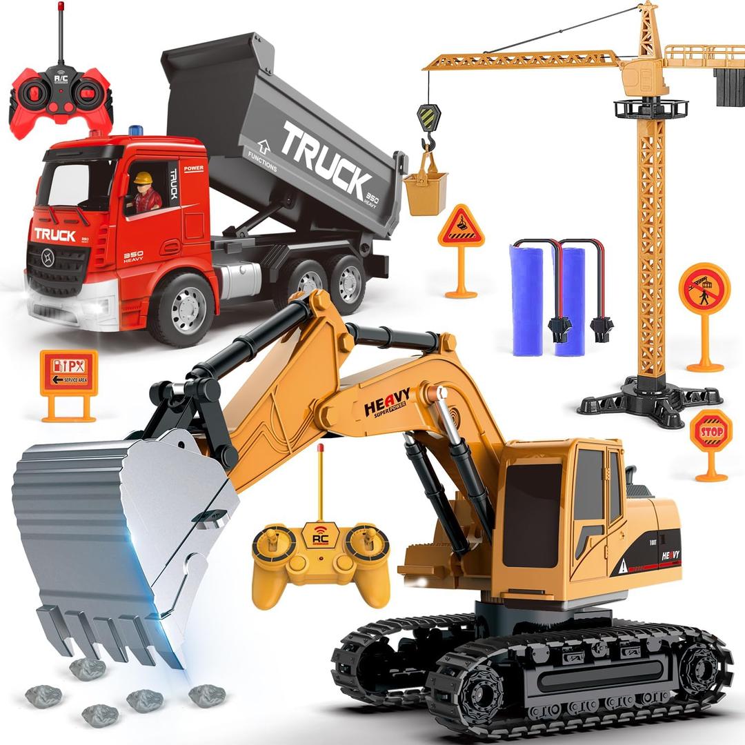 Remote Control Excavator and Dump Truck Toy Set - RC Excavator and Dump Truck with Lights and Sounds - Rechargable Digger Car, Construction Vehicles Toy Set Gifts for Boys Kids