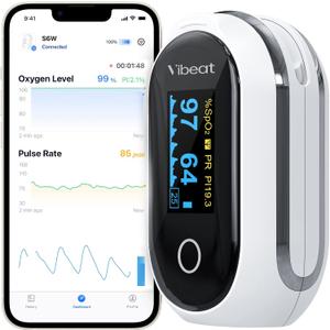 Vibeat Rechargeable Oxygen Meter Finger Pulse Oximeter, Bluetooth Fingertip Blood Oxygen Saturation Monitor with Pulse Rate, Batteries and Lanyard Included, Free APP