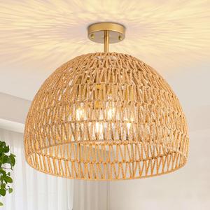 Rattan Ceiling Light Fixture, 4-Light Boho Semi Flush Mount Ceiling Light, 20" Wicker Light Fixture with Handmade Woven Cage Lampshade, Rattan Chandelier for Bedroom Hallway Nursery Kitchen Farmhouse (Gold)