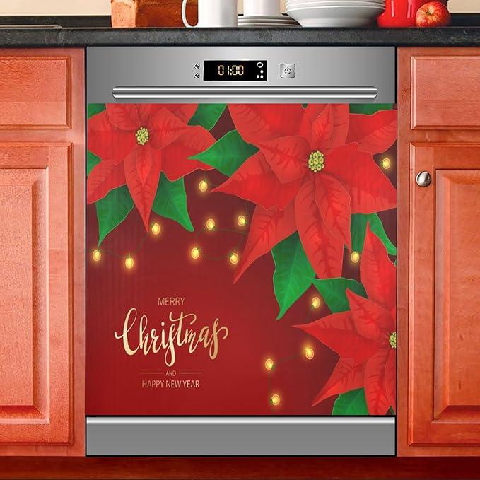 Red Poinsettia Flowers Christmas Lights Dishwasher Magnet Cover Sticker Magnetic Refrigerator Panel Front Door Fridge Microwave Decal Decorative