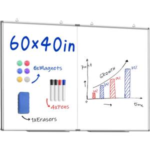 60"X 40" Large Magnetic Dry Erase Whiteboard, Wall Hanging Board with 4 Pens & 1 Dry Erasers & 6 Magnets, Sliver Aluminum Frame White