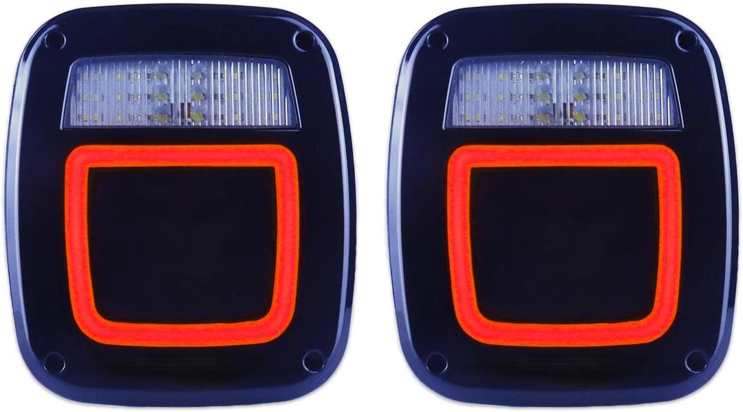 Smoked Halo Tail Lights Square Rear Combination Tail Lights Lamps Assembly Replacement for 1976-2006 Wrangler TJ YJ CJ5 CJ7 with Passenger and Driver Side Marker Stop Turn Signal Brake Lights, 2Pcs
