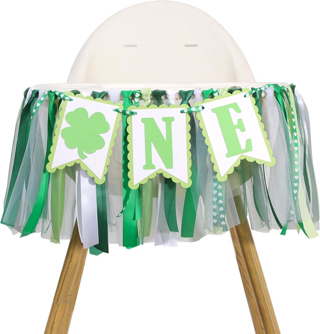 Lucky One High Chair Banner for First Birthday - St Patrick's Day Four Leaf Clover Themed Decor, First Birthday Party Decorations, Baby Shower, Boy or Girl Celebration Backdrop (Green)
