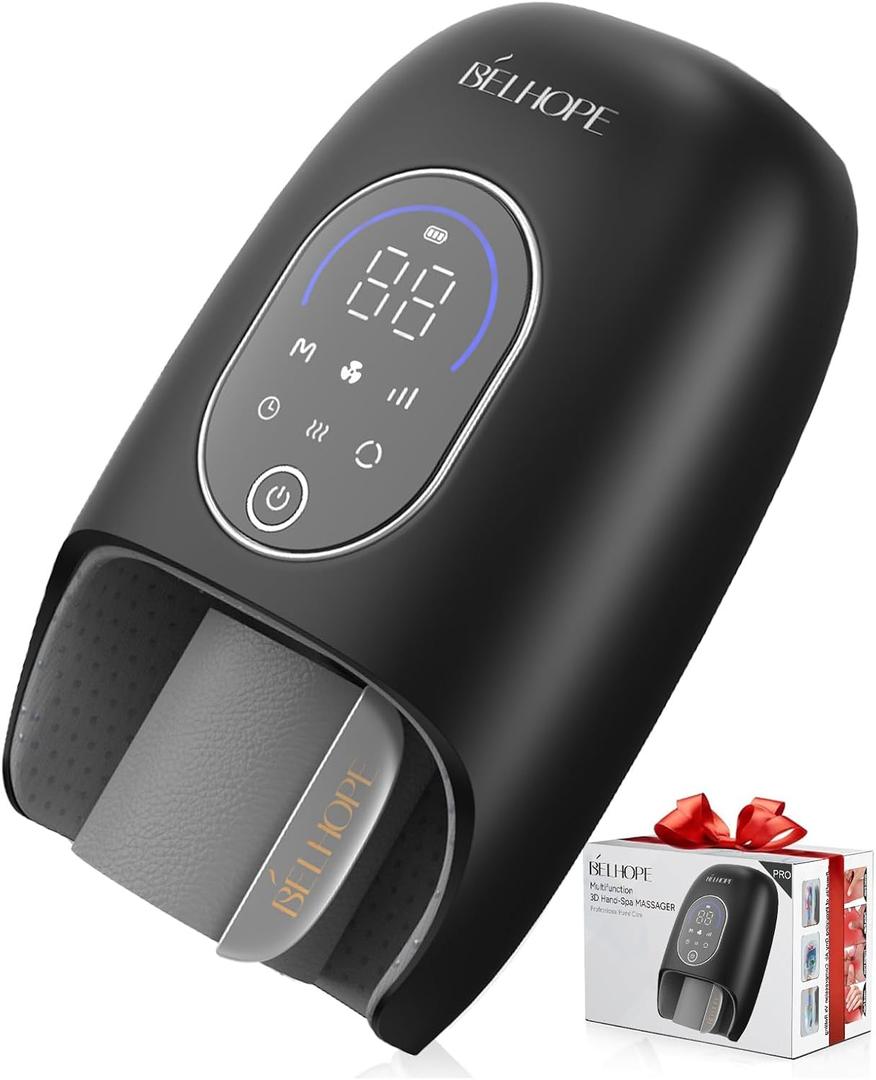 belhope Hand Massager with 9 Modes and 4 Heating Options for Hot and Cold Therapy Hand and Wrist Massager for Arthritis and Carpal Tunnel Relief, Hand Massager with Heat and Compression, Gifts, Black