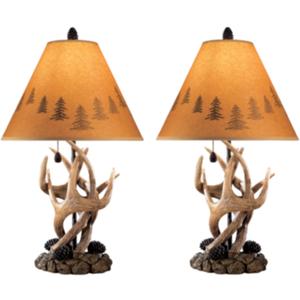 Signature Design by Ashley Derek Rustic Cabin Antler Lamp Set, 2 Count, Paper Silhouette Shade, Pull Chain Switch, 13.88" W x 13.88" D x 23.75" H, Brown