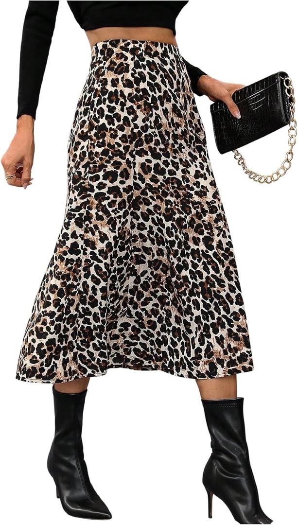 SHENHE Women's Leopard Print A Line Midi Skirt High Waisted Flared Elegant Dressy Skirt (Brown, L)