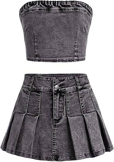 WDIRARA Girl's Y2K 2 Piece Outfits Bandeau Tube Tops Jeans Denim Sets A Line Pleated Mini Skirt Set Black 9Y
