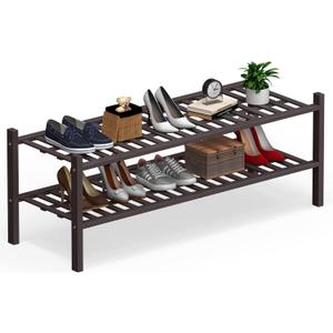 Haddockway Long 2 Tier Bamboo Shoe Rack Storage Organizer, Multifunctional Free Standing Stackable Shoe Shelf with Grid Panel for Closet,Hallway,Entryway,Small Space 34.2"x11"x13" (Brown)