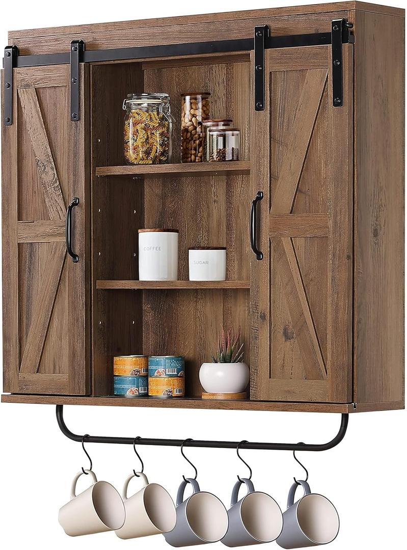 RUSTOWN Rustic Wood Wall Storage Cabinet with Two Sliding Barn Door, 3-Tier Decorative Farmhouse Vintage Cabinet for Kitchen Dining, Bathroom, Living Room, Rustic Oak