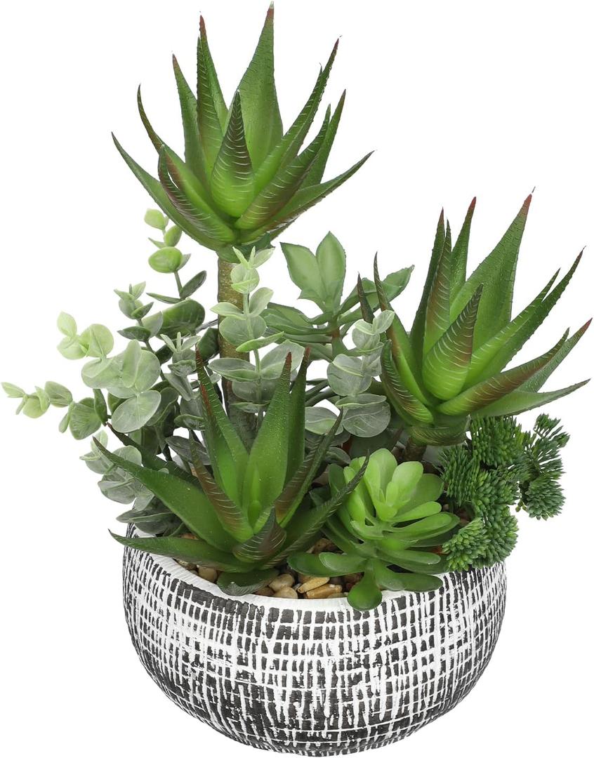 11 Large Succulents Aloe Plants Artificial in Ceramic Pots Potted Faux Succulent Eucalyptus Arrangement with Black Bowl Pots Fake Desk Succulents Plants for Home Bathroom Shelf Table Indoor Decor