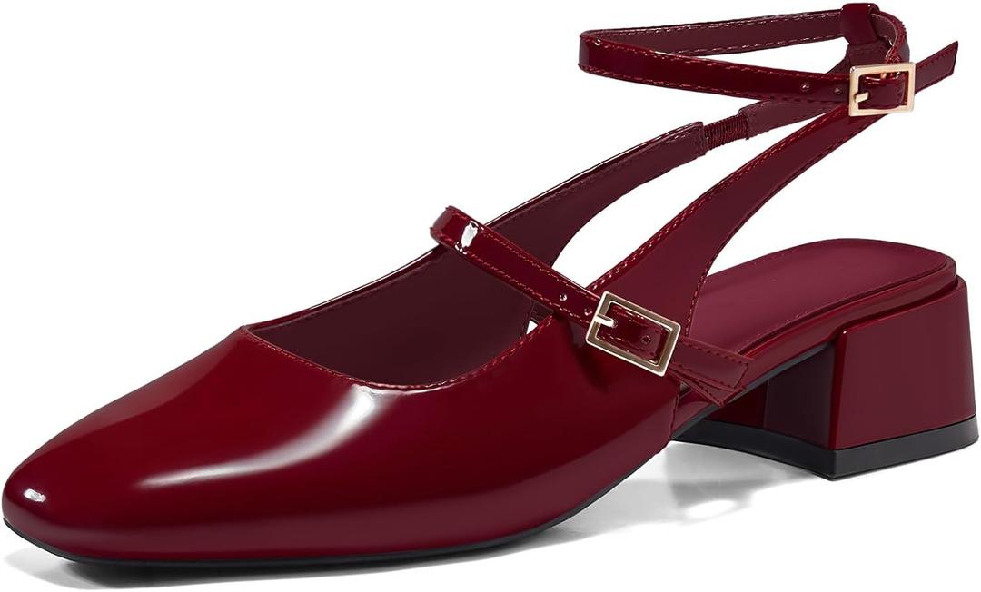 Coutgo Womens Mary Jane Chunky Low Heels Closed Square Toe Ankle Strap Pumps Wedding Party Dress Shoes (7, Dark Red)