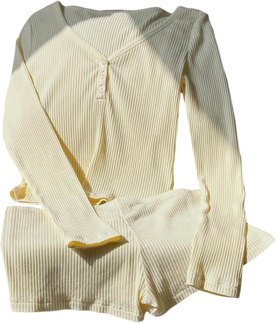 WDIRARA Women's 2 Piece Outfits Skinny Mini Shorts Set V Neck Long Sleeve Knitted Outfits (Yellow, L)