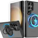 Design For Samsung Galaxy S23 Ultra Phone Case with Tempered Glass Screen Protector [Compatible with MagSafe] Wireless Charging 360 Rotatable Invisible Kickstand Protective Cover for Men Black
