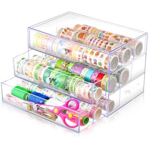 1 Pack 3 Drawer Washi Tape Organizer Plastic Washi Tape Storage Cube Organizer Box 10 x 7 x 6.8 Large Capacity Clear Storage Drawer Holder for Art Craft Embellishments Jewelry Makeup