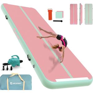 AKSPORT Inflatable Gymnatsics Mat Tumble Track 10ft 13ft 16ft 20ft 23ft Air Tumbling Mat with Air Pump for Home Use/Training/Cheerleading/Yoga (Green Pink)