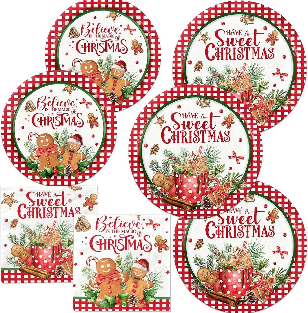 Christmas Gingerbread Plates and Napkins,Christmas Decorations Red Black Buffalo Plaid Ice Cream Sweet Christmas Gingerbread Man Tableware for Xmas Winter Holiday Party Supplies Decor