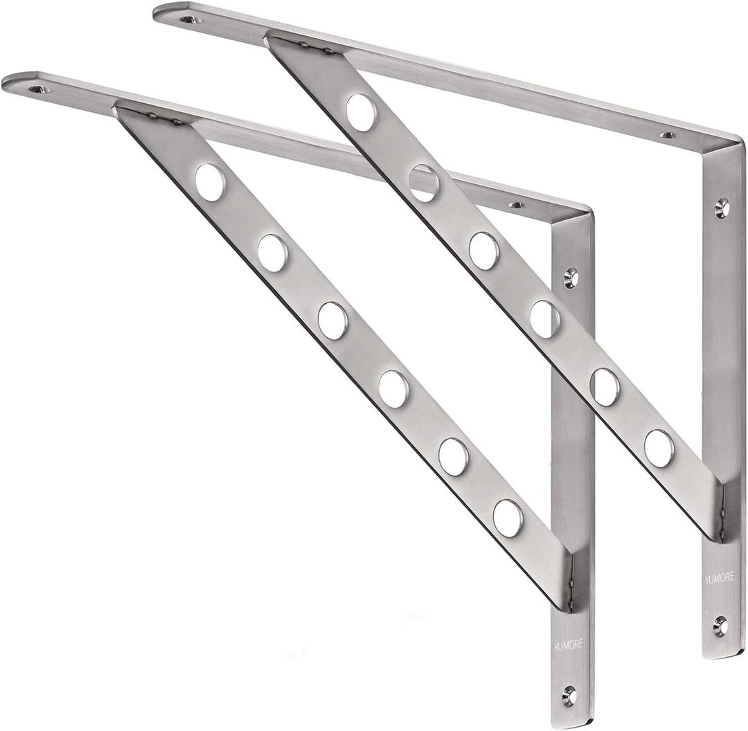 YUMORE 16 inch Stainless Steel Shelf Brackets, Heavy Duty Solid Shelf Support, Max Load: 550lb Corner Brace Joint Right Angle Bracket, Pack of 2 (Silver)